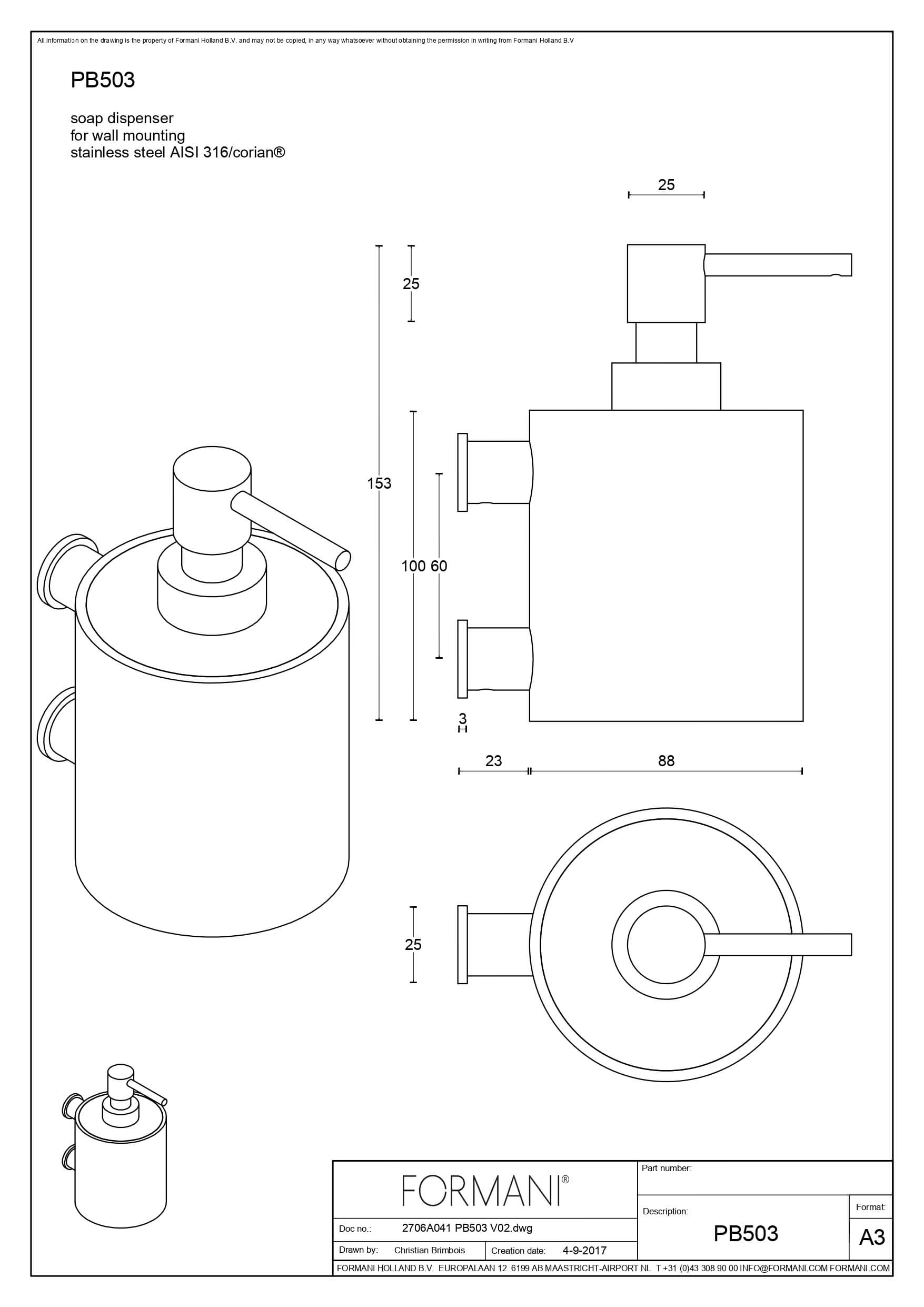 Zeepdispenser Piet Boon PB503 Met Muurbevestiging