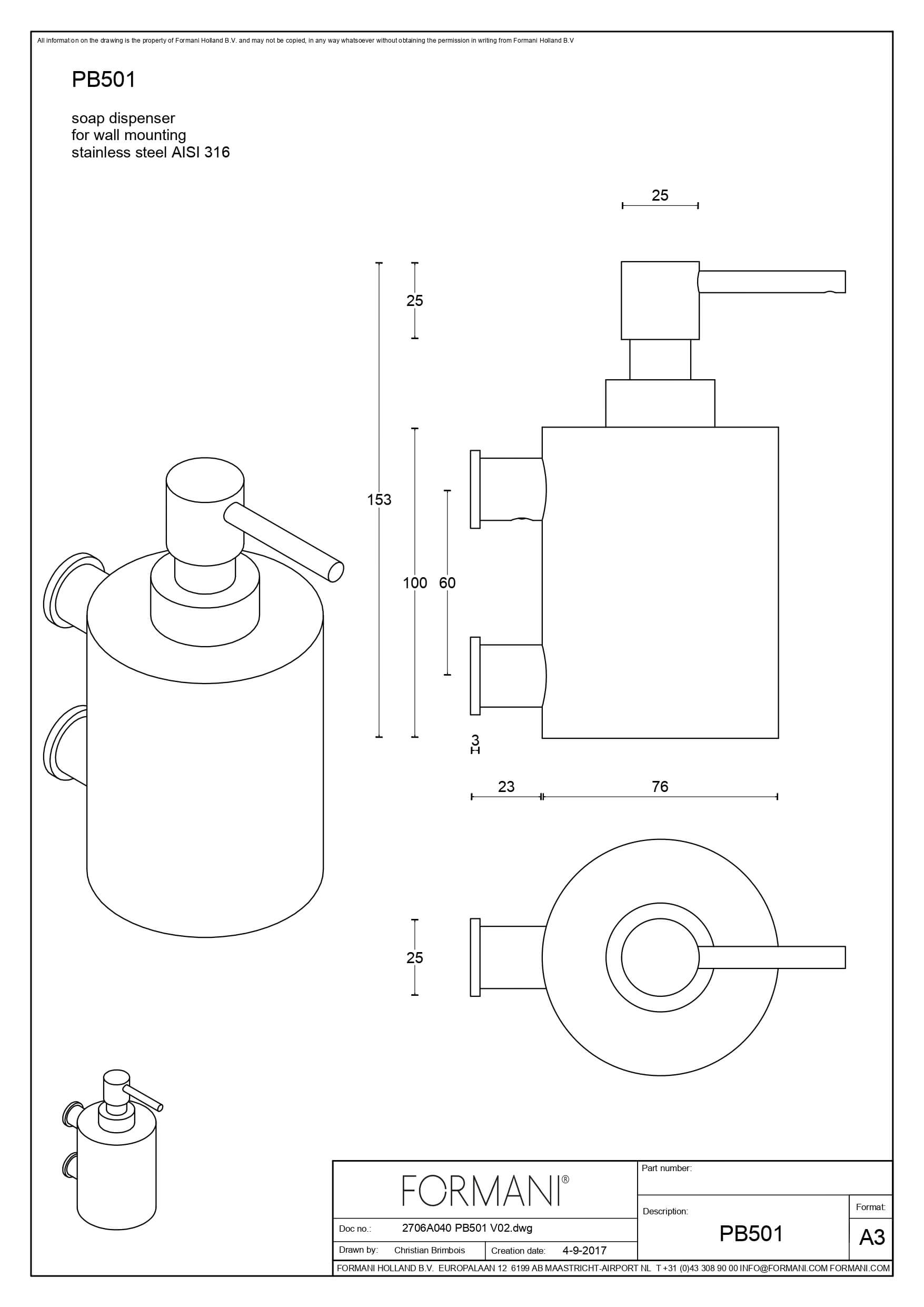 Zeepdispenser Piet Boon PB501 Met Muurbevestiging