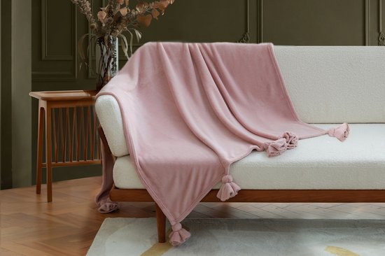 Milky Powder Pluche Deken Met Kwast Vintage roze